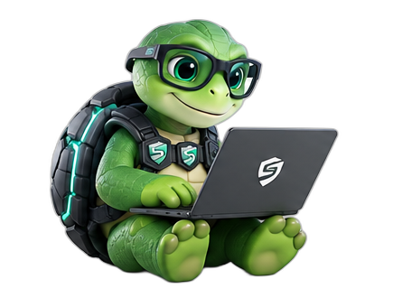 SecTurbo mascot working on a laptop